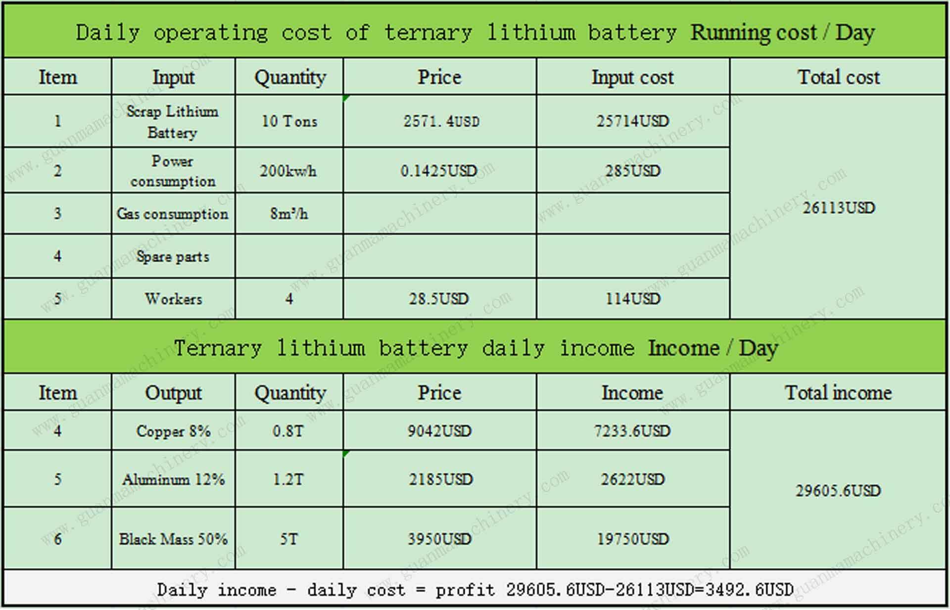 Lithium battery profit analysis table